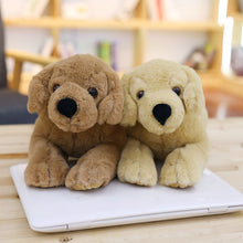 Load image into Gallery viewer, image of a light brown and dark brown labrador stuffed animal plush toy sleeping on a table