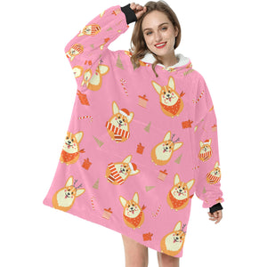 Rolly Polly Christmas Corgis Blanket Hoodie for Women - 4 Colors-Blanket-Apparel, Blankets, Corgi, Hoodie-Light Pink-5