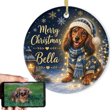 Load image into Gallery viewer, Dachshund Christmas Ornament - Cozy Winter Pet Portrait Design - Personalize with Photo and Name-Christmas Ornament-Christmas,Christmas Ornament,Personalize Artwork-1