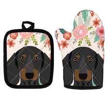 Load image into Gallery viewer, image of dachshund oven mitten gloves for baking and cooking in flowers in bloom design