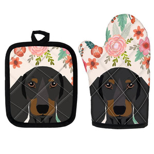 image of dachshund oven mitten gloves for baking and cooking in flowers in bloom design