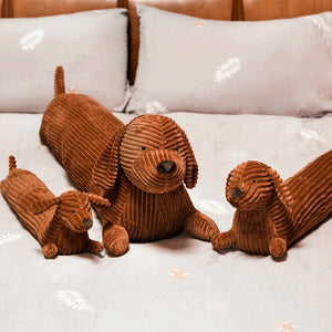 Image of three dachshund stuffed animals plush huggable cushion and pillow from small to large size