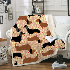 Image of a weiner dog blanket with tan and black and tan dachshunds