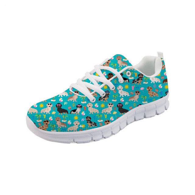 Dachshund Love Women's Sneakers-Footwear-Dachshund, Dogs, Footwear, Shoes-Blue-Green with White Soles-9-2