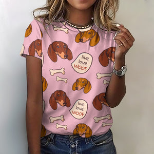Live Love Woof Dachshunds All Over Print Women's Cotton T-Shirt - 5 Colors-Apparel-Apparel, Dachshund, Shirt, T Shirt-Pink-2XS-2
