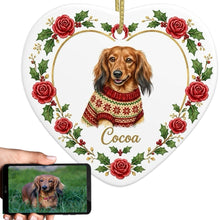 Load image into Gallery viewer, Dachshund Ornament - Personalized Heart Shaped Christmas Rose Border - with Name-Christmas Ornament-Christmas,Dachshund,Personalize Artwork-1