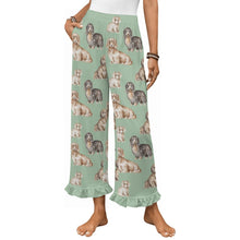 Load image into Gallery viewer, Dachshund Pajama Pants for Women - Ruffle Hem Design - Watercolor Delight Long Haired Dachshunds-Pajamas-Apparel,Dachshund,Dog Mom Gifts,Pajamas-Green-S-9