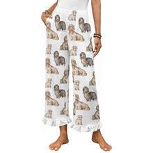 Load image into Gallery viewer, Dachshund Pajama Pants for Women - Ruffle Hem Design - Watercolor Delight Long Haired Dachshunds-Pajamas-Apparel,Dachshund,Dog Mom Gifts,Pajamas-White-S-1