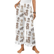 Load image into Gallery viewer, Dachshund Pajama Pants for Women - Ruffle Hem Design - Watercolor Symphony Smooth Coat Dachshunds-Pajamas-Apparel,Dachshund,Dog Mom Gifts,Pajamas-White-S-14