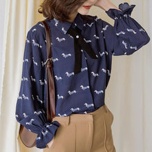 Load image into Gallery viewer, Image of a girl wearing Dachshund shirt in navy blue color with infinite Dachshunds design