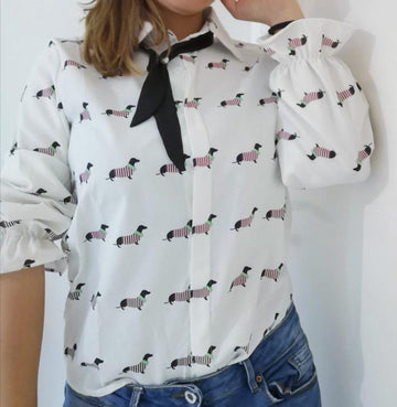 Image of a girl wearing Dachshund shirt in white color with infinite Dachshunds design