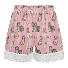 Load image into Gallery viewer, Dachshund Shorts for Women - Lace Trim Design - Watercolor Delight Long Haired Dachshunds-Pajamas-Apparel,Dachshund,Dog Mom Gifts,Pajamas-12