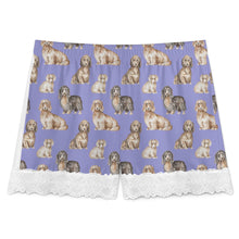 Load image into Gallery viewer, Dachshund Shorts for Women - Lace Trim Design - Watercolor Delight Long Haired Dachshunds-Pajamas-Apparel,Dachshund,Dog Mom Gifts,Pajamas-16