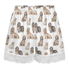 Load image into Gallery viewer, Dachshund Shorts for Women - Lace Trim Design - Watercolor Delight Long Haired Dachshunds-Pajamas-Apparel,Dachshund,Dog Mom Gifts,Pajamas-5