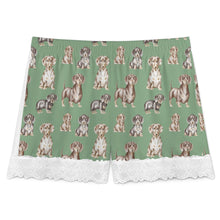 Load image into Gallery viewer, Dachshund Shorts for Women - Lace Trim Design - Watercolor Symphony Smooth Coat Dachshunds-Women's Pajamas-4