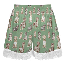 Load image into Gallery viewer, Dachshund Shorts for Women - Lace Trim Design - Watercolor Symphony Smooth Coat Dachshunds-Women's Pajamas-6