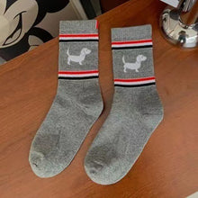 Load image into Gallery viewer, Dachshund Socks - 3 Colors - Retro Striped Dachshund Crew Socks-grey-EU 36-43-7