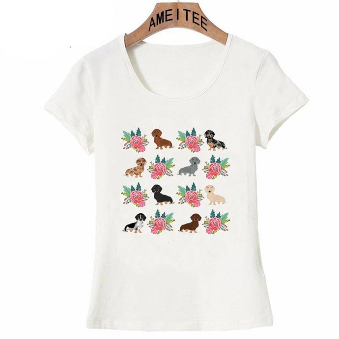 Image of a Dachshund t-shirt featuring a super-cute Dachshunds in bloom design