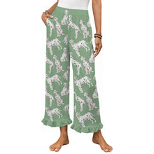 Load image into Gallery viewer, Dalmatian Pajama Pants for Women - Ruffle Hem Design - Watercolor Celebration Dalmatians-Pajamas-Apparel,Dalmatian,Dog Mom Gifts,Pajamas-Green-S-14