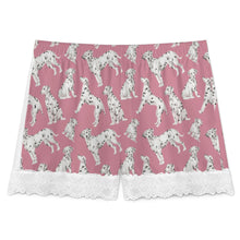 Load image into Gallery viewer, Dalmatian Shorts for Women - Lace Trim Design - Watercolor Celebration Dalmatians-Pajamas-Apparel,Dalmatian,Dog Mom Gifts,Pajamas-10