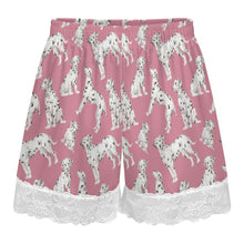 Load image into Gallery viewer, Dalmatian Shorts for Women - Lace Trim Design - Watercolor Celebration Dalmatians-Pajamas-Apparel,Dalmatian,Dog Mom Gifts,Pajamas-11
