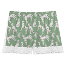 Load image into Gallery viewer, Dalmatian Shorts for Women - Lace Trim Design - Watercolor Celebration Dalmatians-Pajamas-Apparel,Dalmatian,Dog Mom Gifts,Pajamas-15
