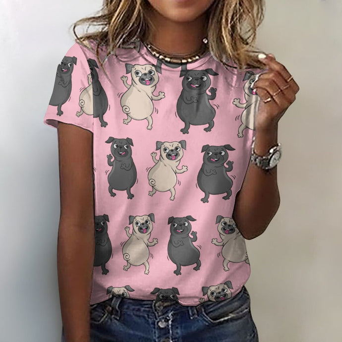 Dancing Pugs Love All Over Print Women's Cotton T-Shirt - 4 Colors-Apparel-Apparel, Pug, Shirt, T Shirt-2XS-Pink-8