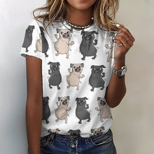 Load image into Gallery viewer, Dancing Pugs Love All Over Print Women&#39;s Cotton T-Shirt - 4 Colors-Apparel-Apparel, Pug, Shirt, T Shirt-2XS-White-3