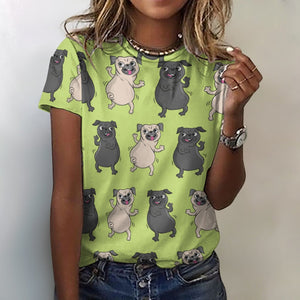 Dancing Pugs Love All Over Print Women's Cotton T-Shirt - 4 Colors-Apparel-Apparel, Pug, Shirt, T Shirt-2XS-YellowGreen-12