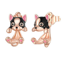 Load image into Gallery viewer, Dangling Boston Terrier Love Silver Earrings-Dog Themed Jewellery-Boston Terrier, Earrings, Jewellery-Rose Gold-3