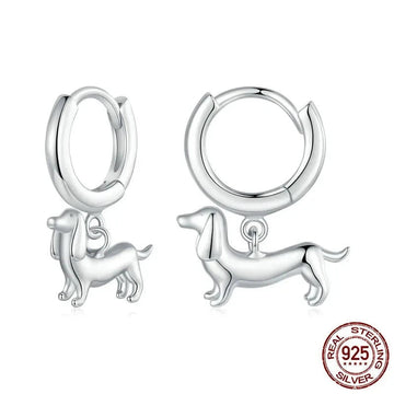 Dangling Dachshund Love Silver Hoop Earrings 925 Sterling Silver 360x