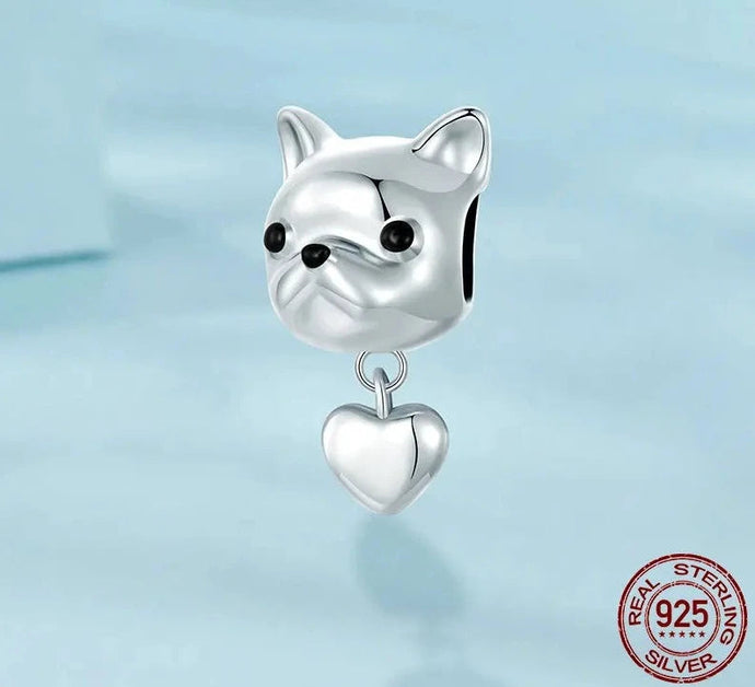 Dangling Heart French Bulldog Silver Charm-Dog Themed Jewellery-Accessories, Charm Beads, Dog Mom Gifts, French Bulldog, Jewellery-1