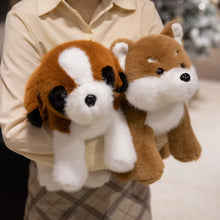 Load image into Gallery viewer, Two plush dog toys held by a person wearing a beige shirt.