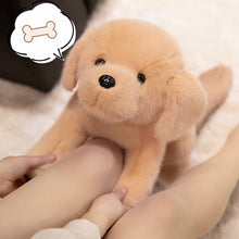 Load image into Gallery viewer, Plush dog toy with a speech bubble and text, held by hands on a soft surface.