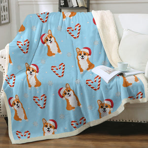 Double Candy Cane Corgis Love Soft Warm Fleece Blanket-Blanket-Blankets, Corgi, Home Decor-Sky Blue-Small-2