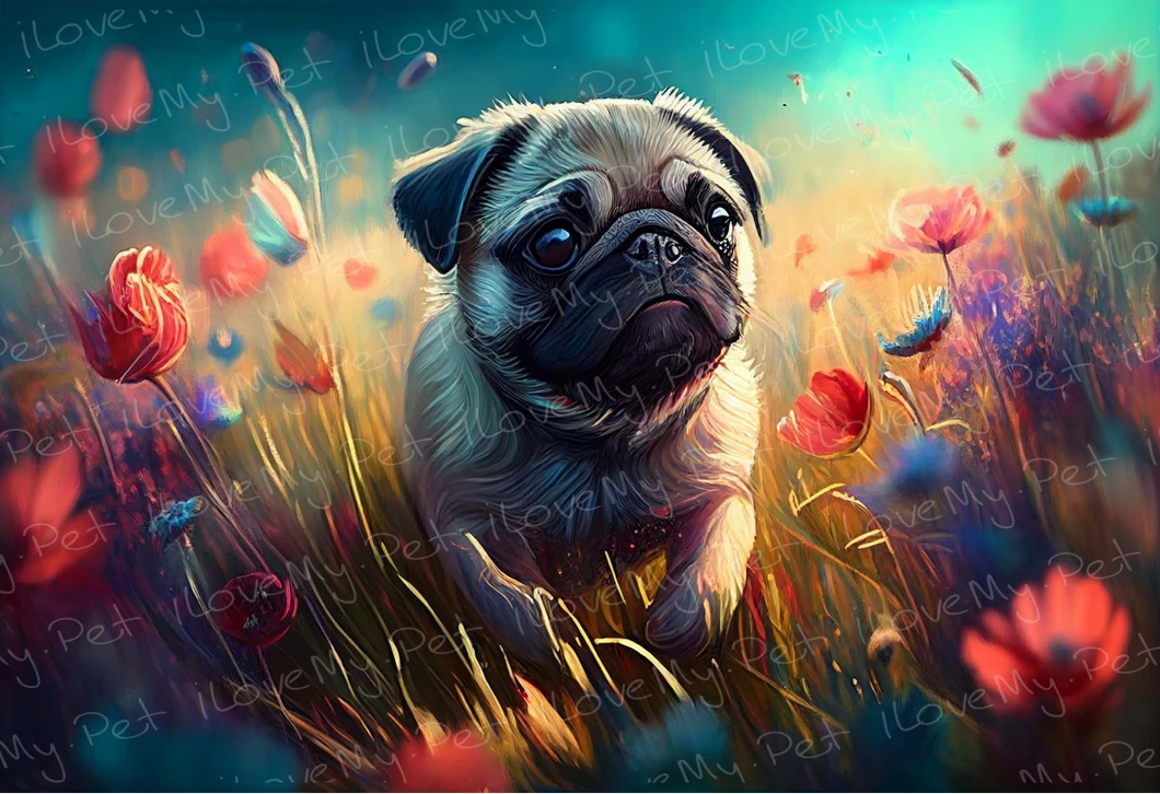 Dreamy Pug in Floral Elegance Wall Art Poster-Art-Dog Art, Home Decor, Poster, Pug-Light Canvas-Tiny - 8x10
