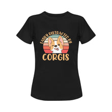 Load image into Gallery viewer, Easily Distracted by Corgis Women&#39;s Cotton T-Shirt-Apparel-Apparel, Corgi, Shirt, T Shirt-Black-Small-4