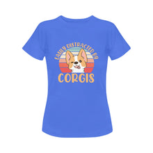 Load image into Gallery viewer, Easily Distracted by Corgis Women&#39;s Cotton T-Shirt-Apparel-Apparel, Corgi, Shirt, T Shirt-Blue-Small-5