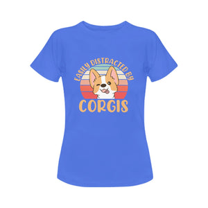 Easily Distracted by Corgis Women's Cotton T-Shirt-Apparel-Apparel, Corgi, Shirt, T Shirt-Blue-Small-5