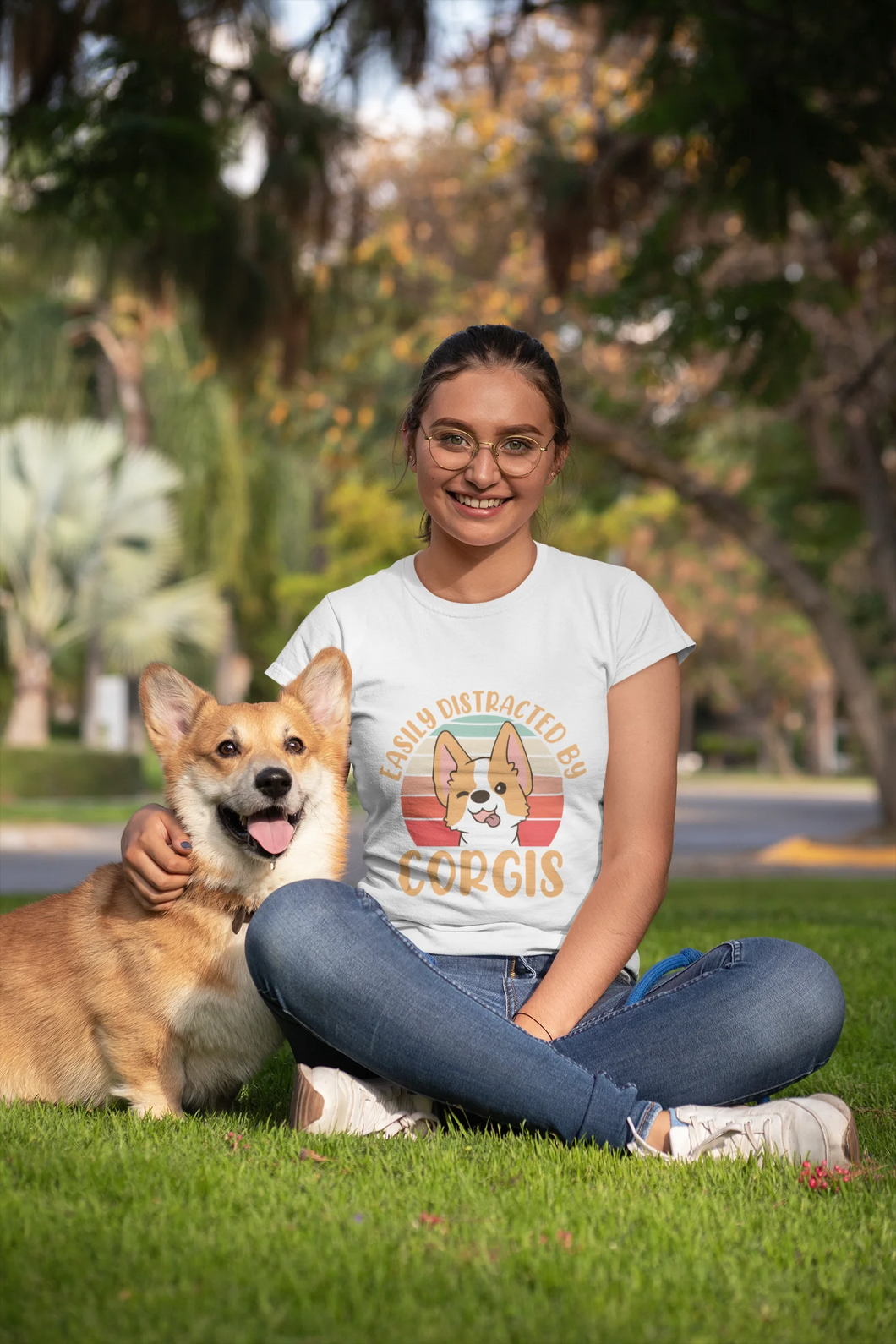 Easily Distracted by Corgis Women's Cotton T-Shirt-Apparel-Apparel, Corgi, Shirt, T Shirt-White-Small-1