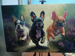 Ebullient French Bulldog Trio in Spring's Embrace Oil Painting-Art-Dog Art, French Bulldog, Home Decor, Painting-24" x 36" inches-2