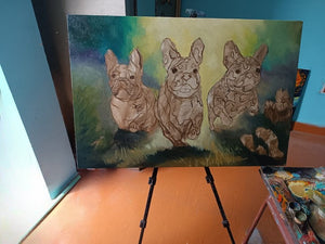 Ebullient French Bulldog Trio in Spring's Embrace Oil Painting-Art-Dog Art, French Bulldog, Home Decor, Painting-24" x 36" inches-5