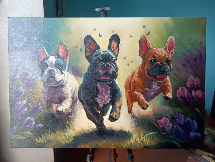 Ebullient French Bulldog Trio in Spring's Embrace Oil Painting-Art-Dog Art, French Bulldog, Home Decor, Painting-24