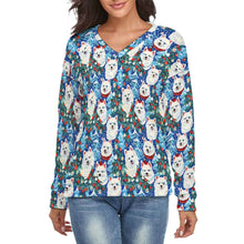 Load image into Gallery viewer, Elegant Trees Frolic American Eskies Women’s Classic V-Neck Christmas Sweater-Apparel-Apparel,Christmas,Dog Mom Gifts,Pit Bull,Sweater,Sweatshirt-S-White5-1