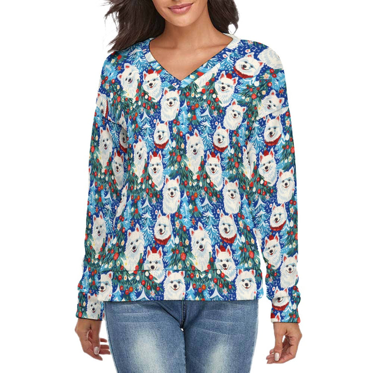 Elegant Trees Frolic American Eskies Womens Classic V Neck Christmas Sweater S White5 750x
