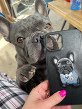 Load image into Gallery viewer, Image of a frenchie with black embroidered french bulldog iphone case