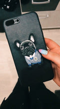 Load image into Gallery viewer, Image of a girl holding black embroidered french bulldog iphone case