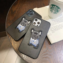 Load image into Gallery viewer, Image of two cutest black embroidered french bulldog iphone cases on the table