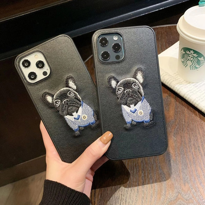 Image of two black embroidered french bulldog iphone cases