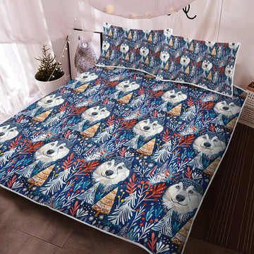 Enchanted Forest Husky Christmas Quilt Blanket Bedding Set 360x